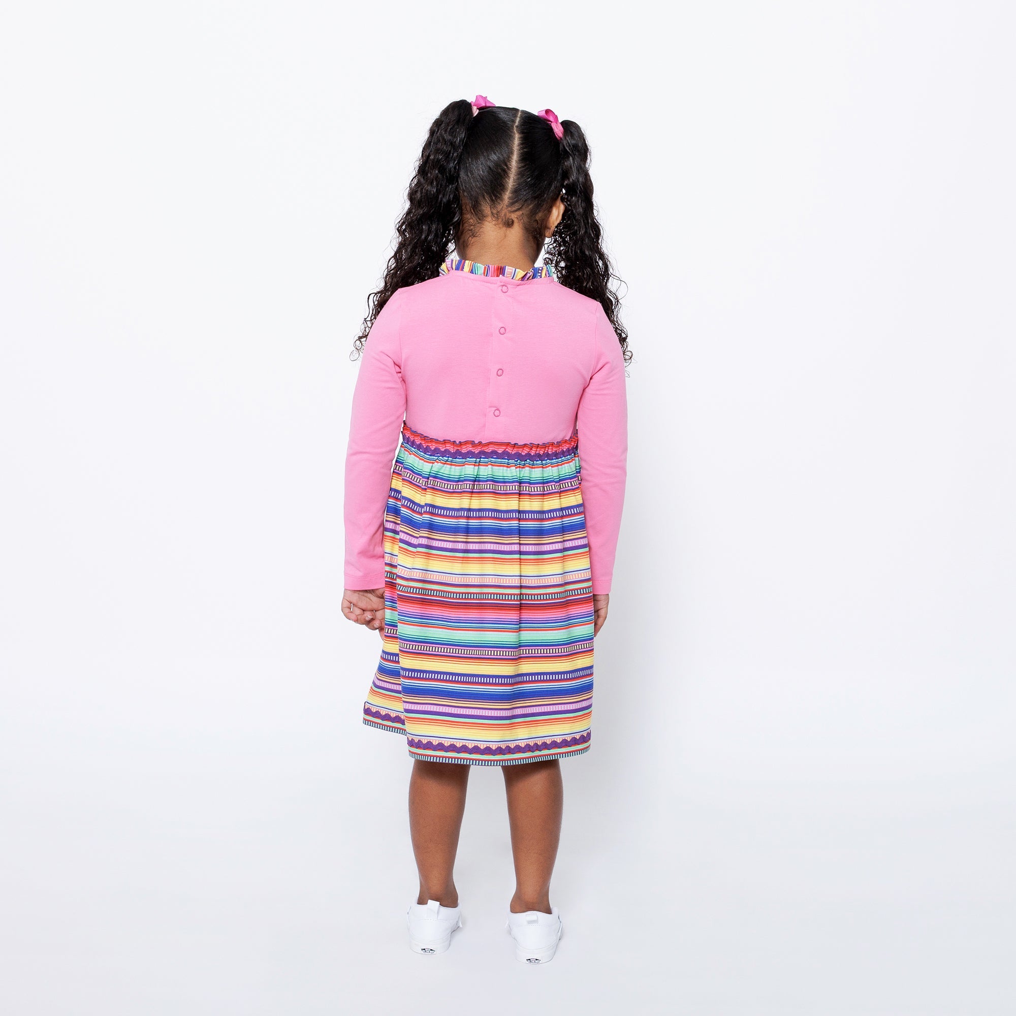 Girls Long Sleeve Ruffle Trim Dress - Pink Multicolor Stripes | Multicultural Kids Clothing - Mixed Up Clothing