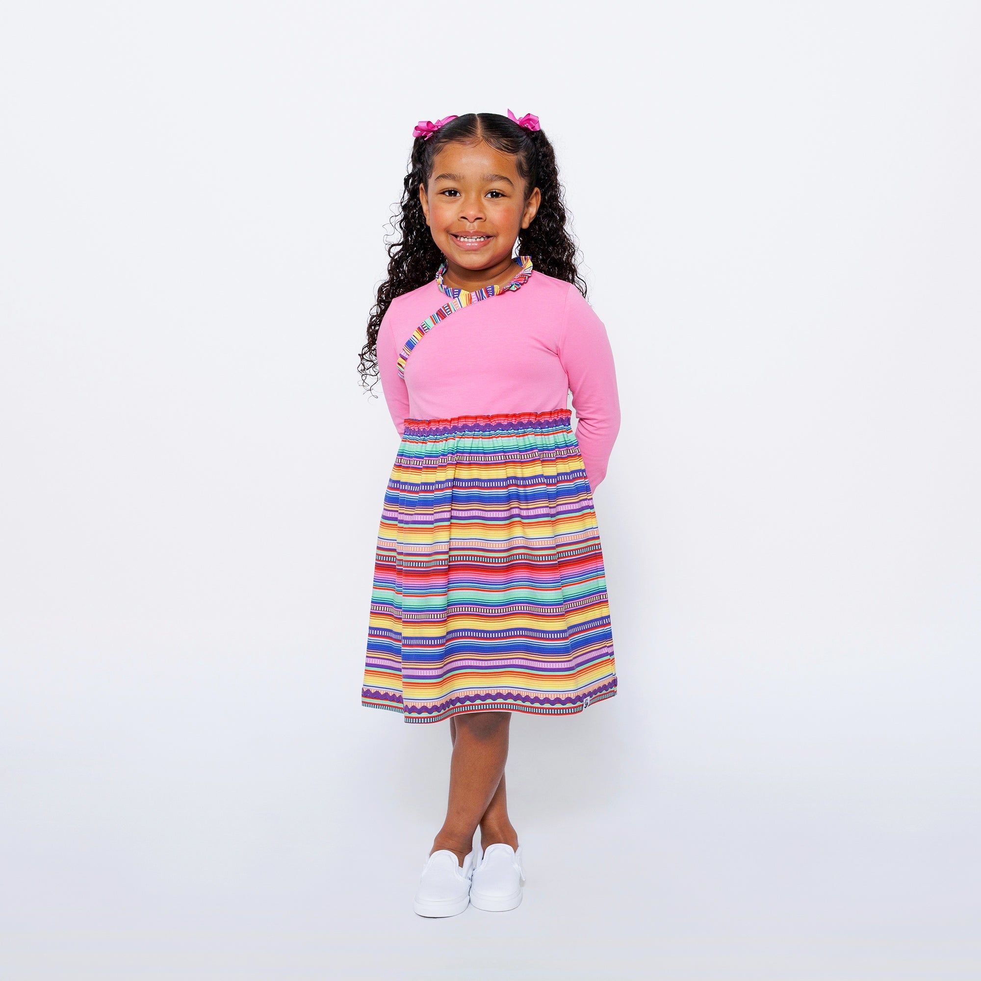 Girls Long Sleeve Ruffle Trim Dress - Pink Multicolor Stripes | Multicultural Kids Clothing - Mixed Up Clothing