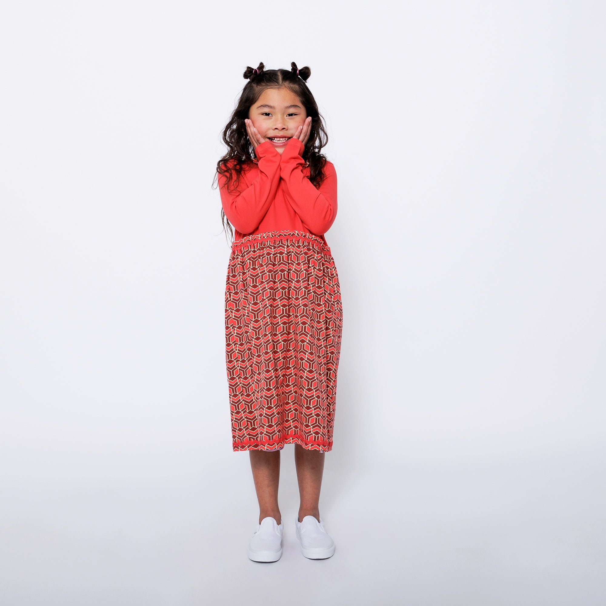 Girls Long Sleeve Ruffle Trim Dress - Red Multicolor | Multicultural Kids Clothing - Mixed Up Clothing