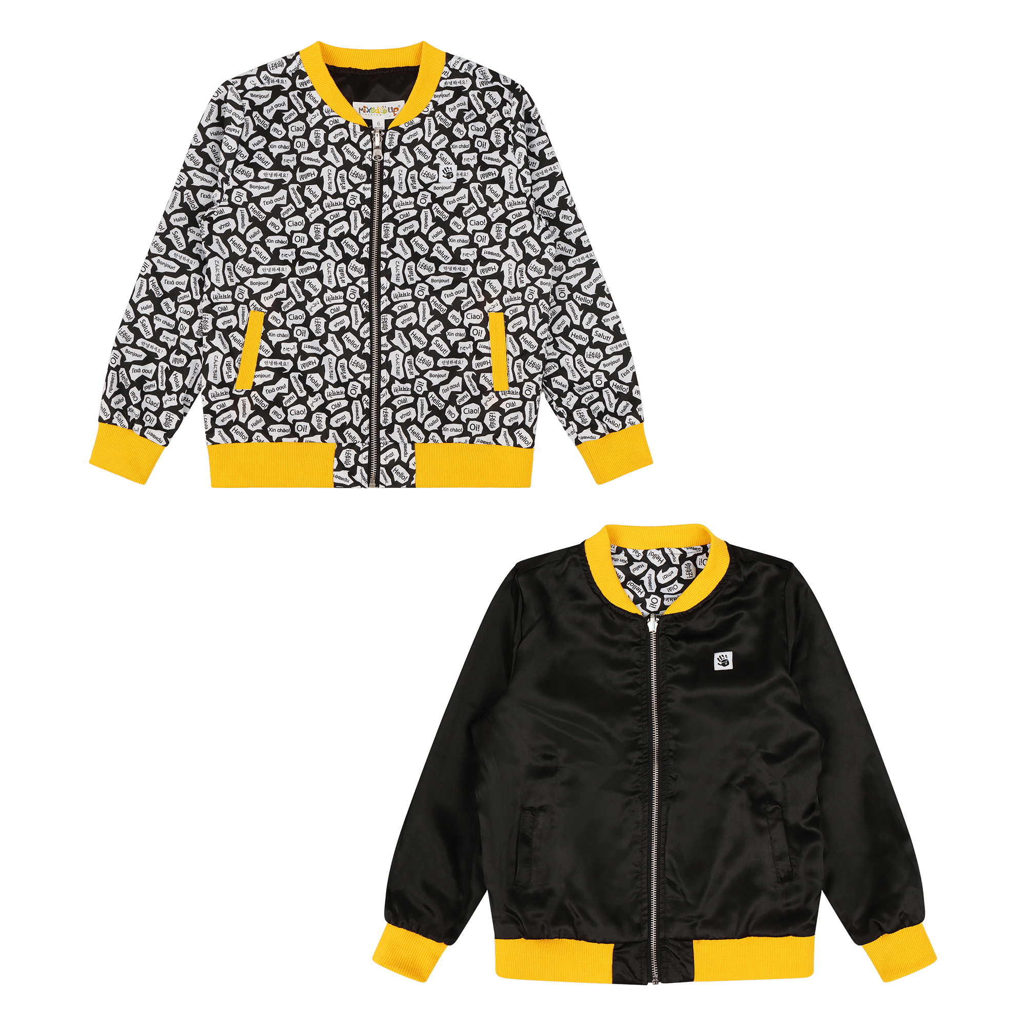 Girls Reversible Zip up Lightweight Bomber Jacket - Black/Yellow/Hello | Multicultural Kids Clothing - Mixed Up Clothing