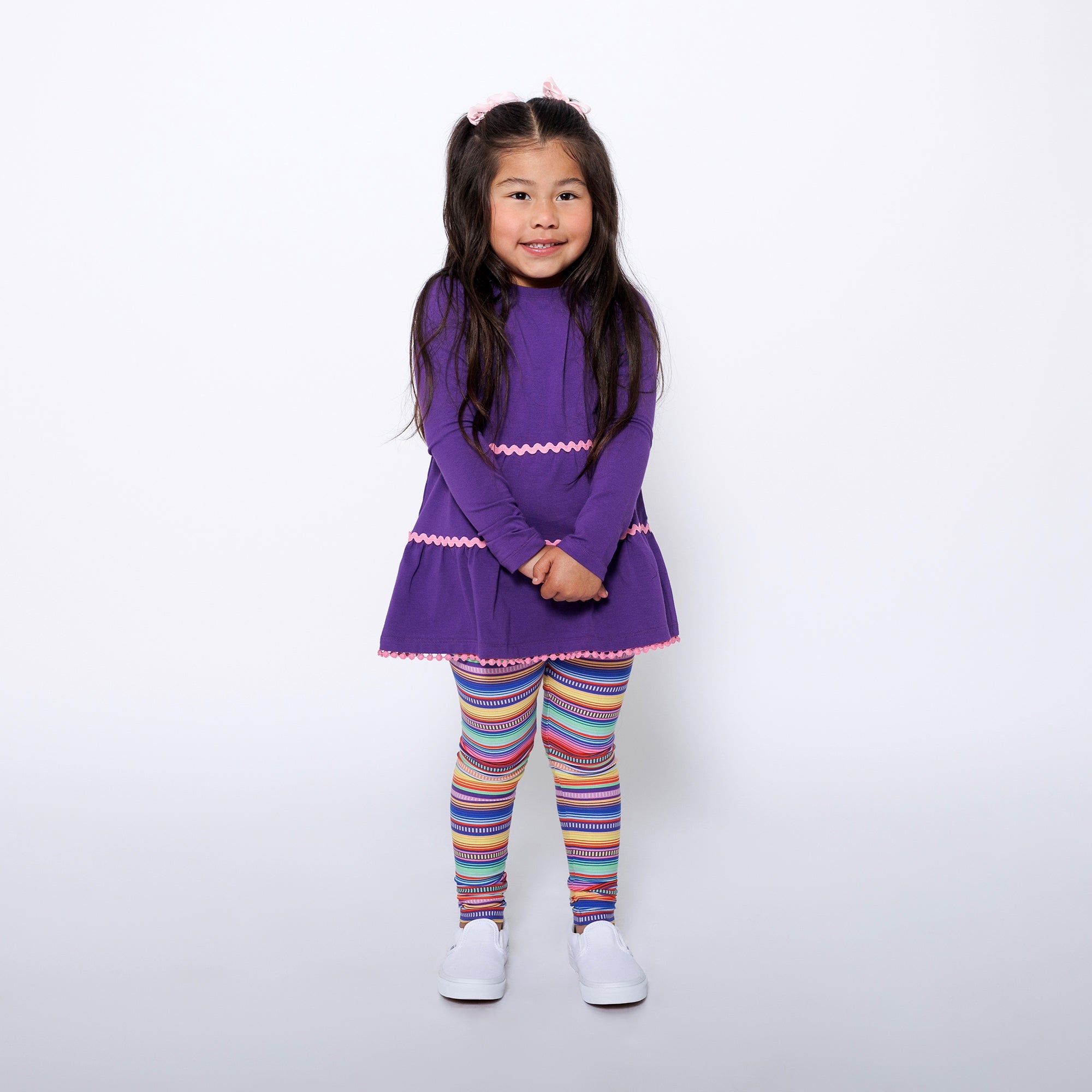 Girls Ruffle Hem Tiered Tunic and Legging Set - Purple Multicolor Stripe | Multicultural Kids Clothing - Mixed Up Clothing