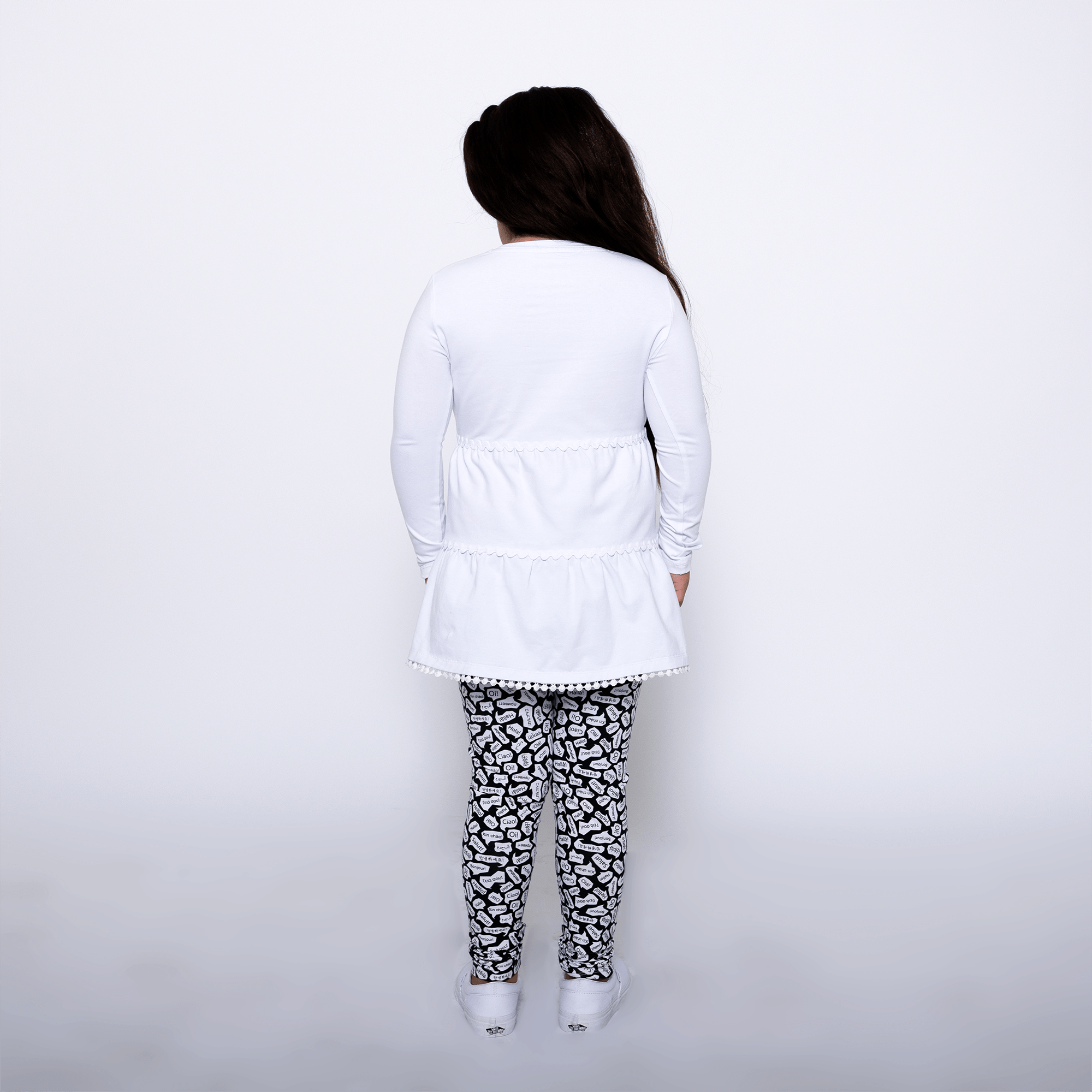 Girls Ruffle Hem Tiered Tunic and Legging Set - White/Black/Hello | Multicultural Kids Clothing - Mixed Up Clothing