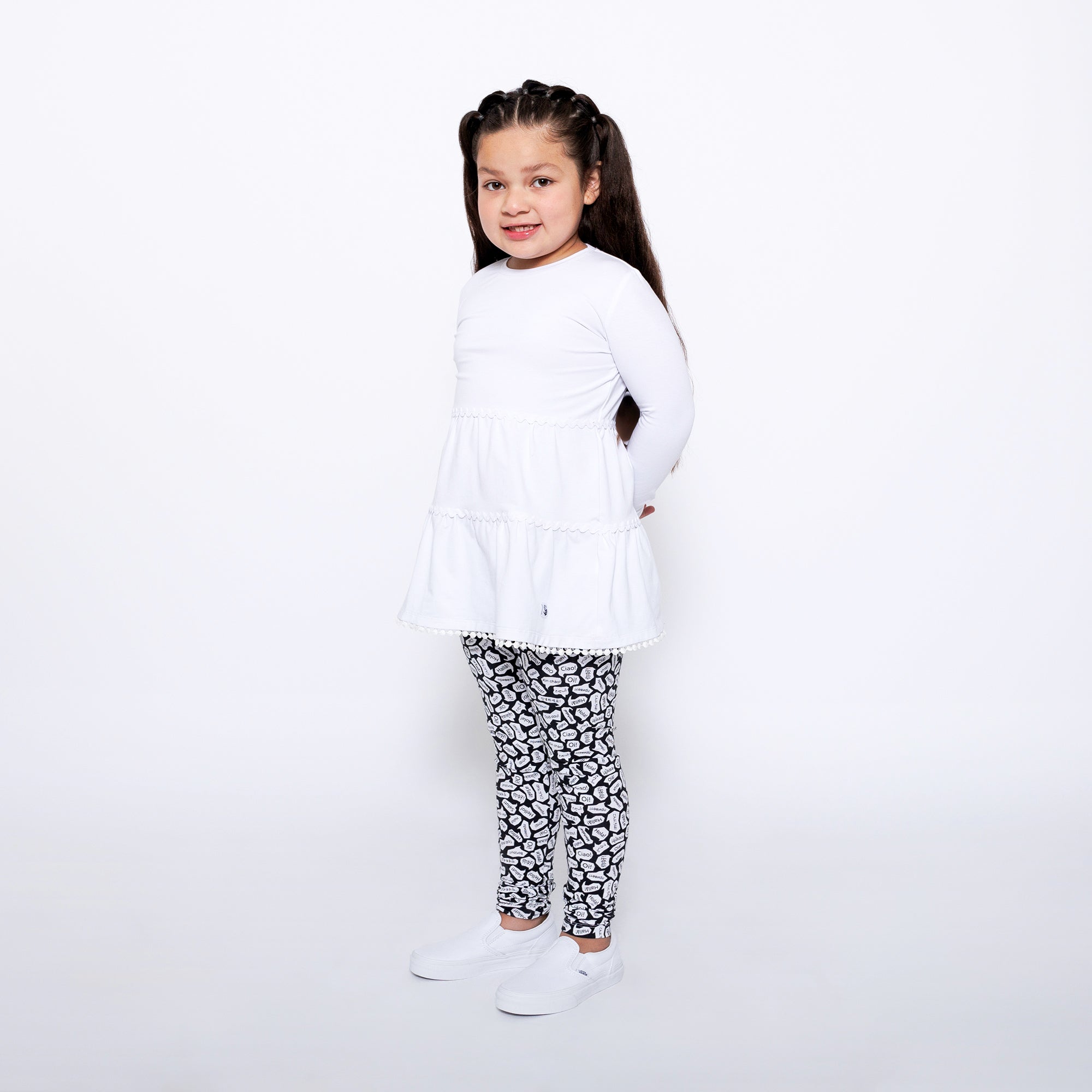 Girls Ruffle Hem Tiered Tunic and Legging Set - White/Black/Hello | Multicultural Kids Clothing - Mixed Up Clothing