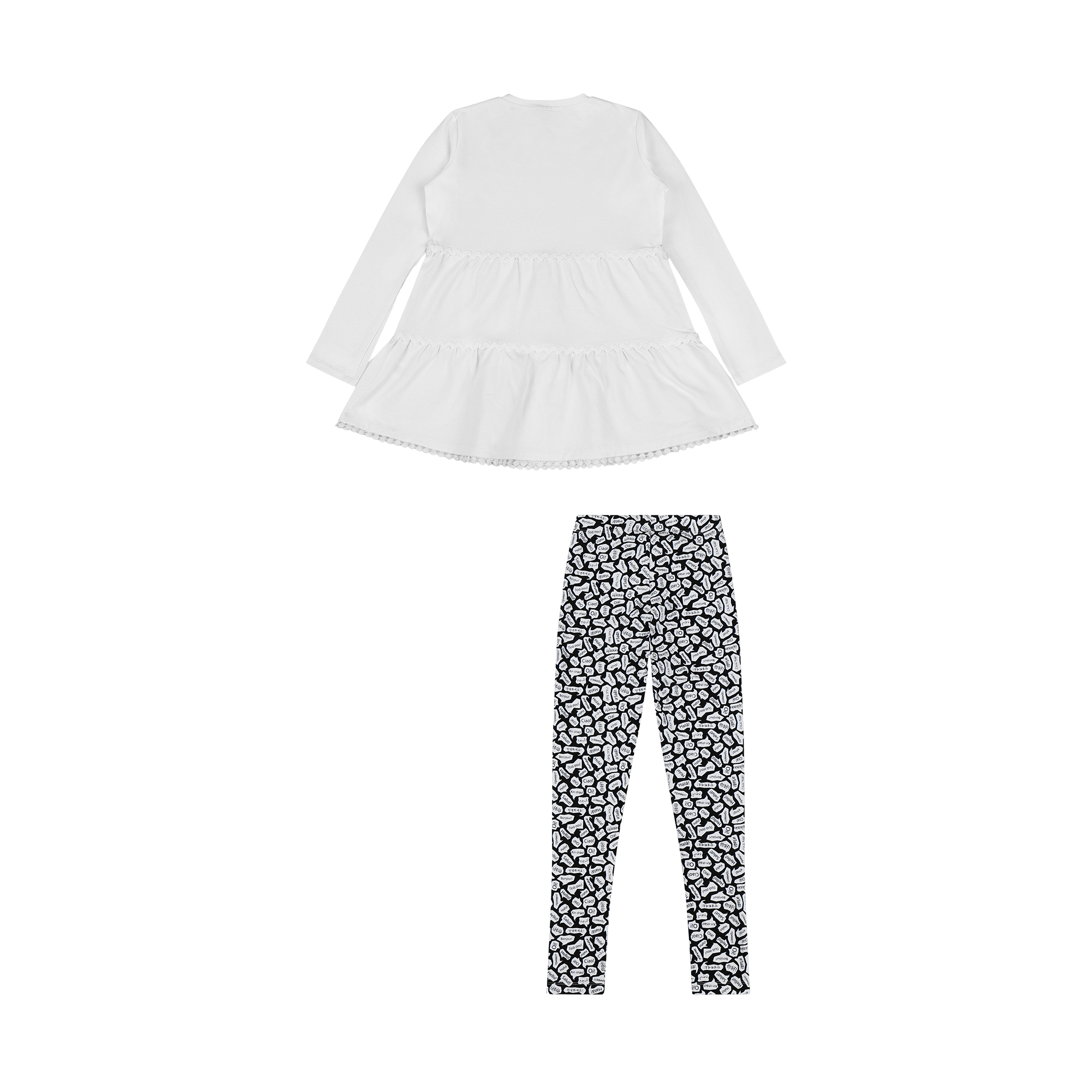 Girls Ruffle Hem Tiered Tunic and Legging Set - White/Black/Hello | Multicultural Kids Clothing - Mixed Up Clothing