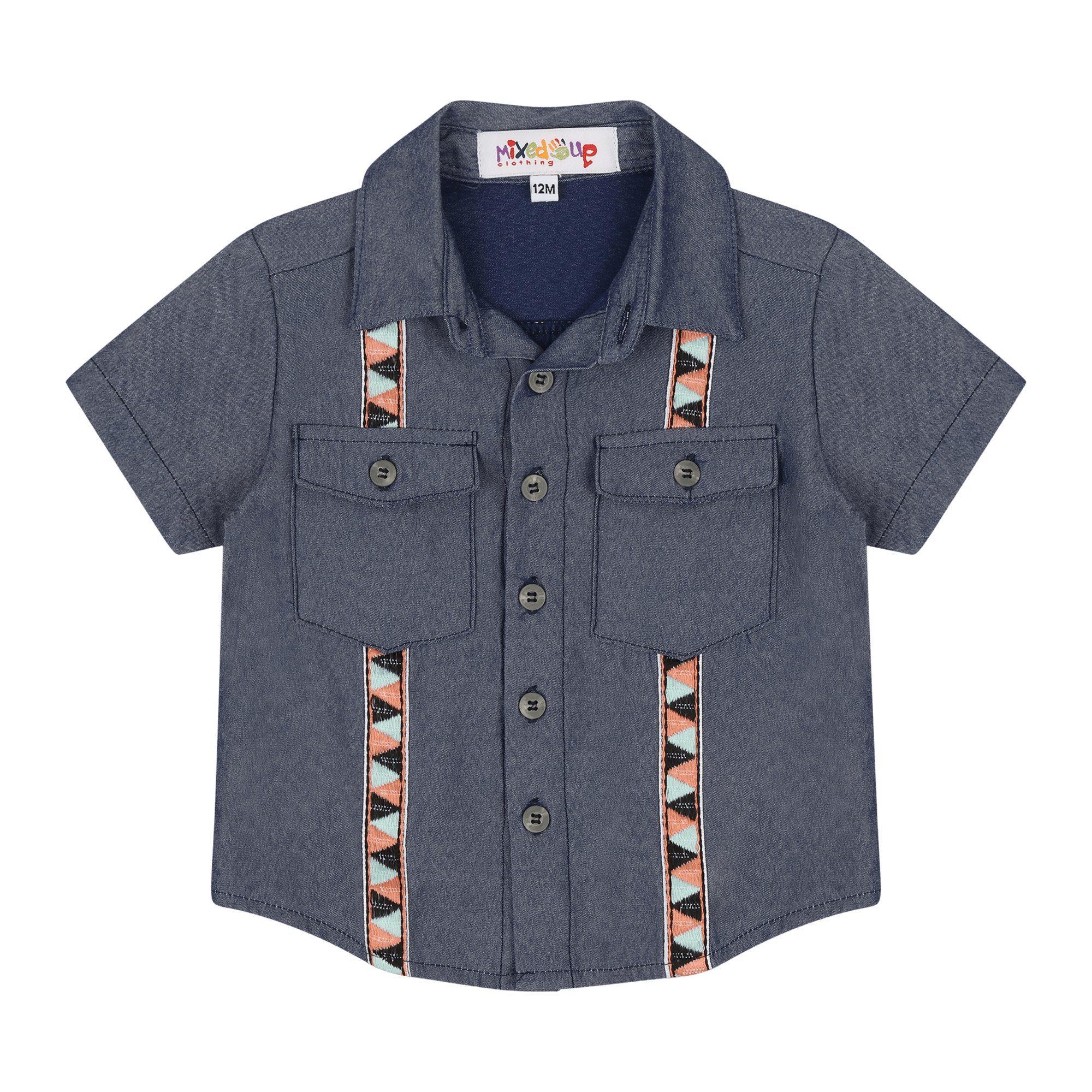 Baby wearing Mixed Up Clothing’s multicultural woven cotton short sleeve Hemd button-down shirt.