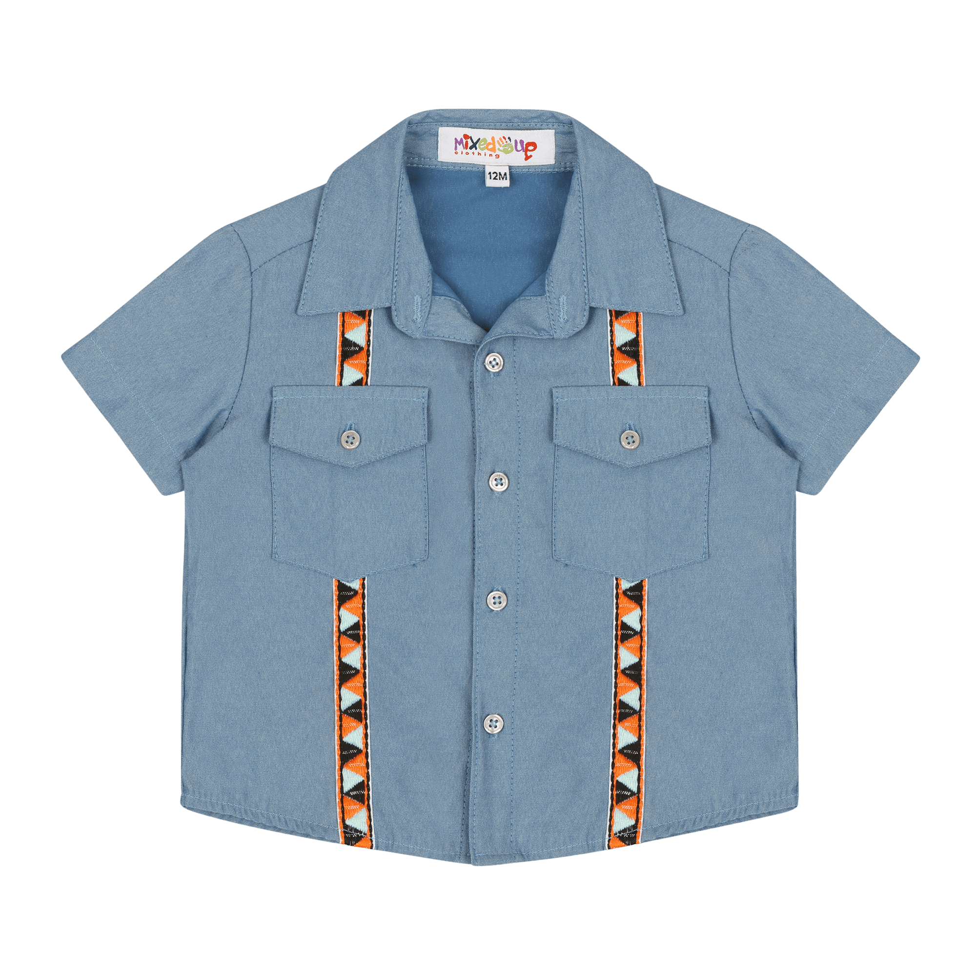 Baby wearing Mixed Up Clothing’s multicultural woven cotton short sleeve Hemd button-down shirt.