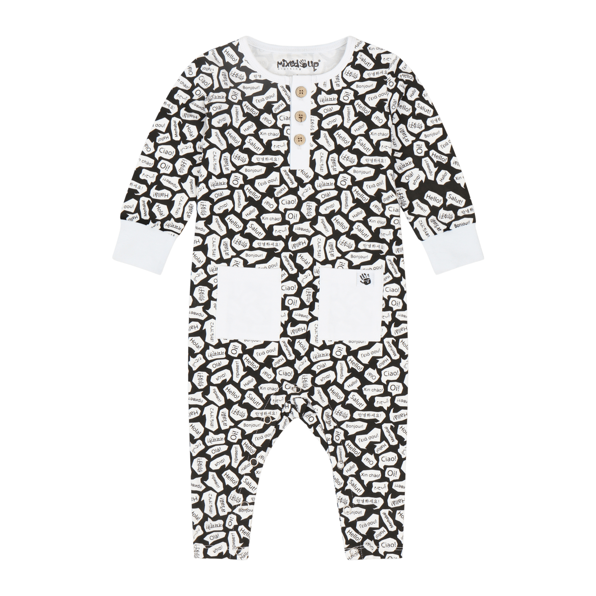 Infant Jumpsuit Romper - Black/White/Hello | Multicultural Kids Clothing - Mixed Up Clothing