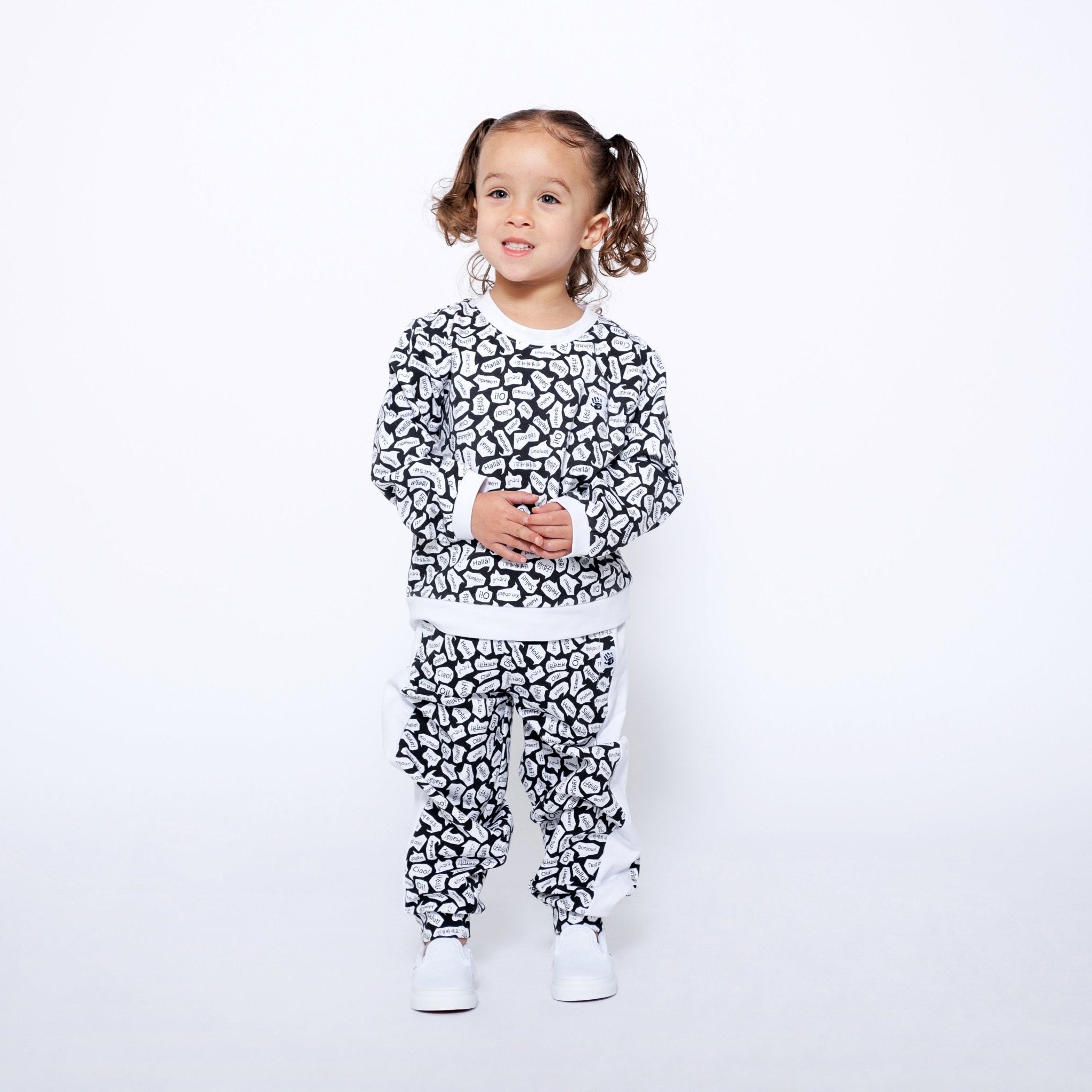 Kids Crewneck Sweatshirt and Jogger Pants Set - Black/White - Hello | Multicultural Kids Clothing - Mixed Up Clothing