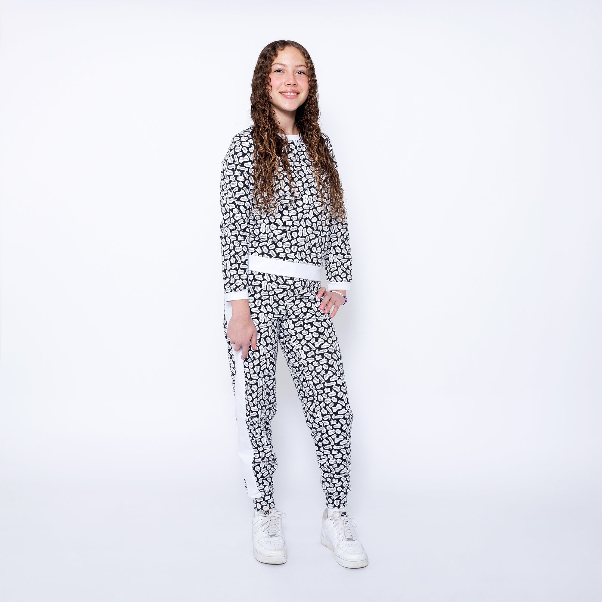 Kids Crewneck Sweatshirt and Jogger Pants Set - Black/White - Hello | Multicultural Kids Clothing - Mixed Up Clothing