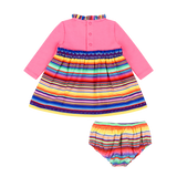 Infant Long Sleeve Ruffle Trim Dress and Bloomer Set - Pink Multicolor Stripe