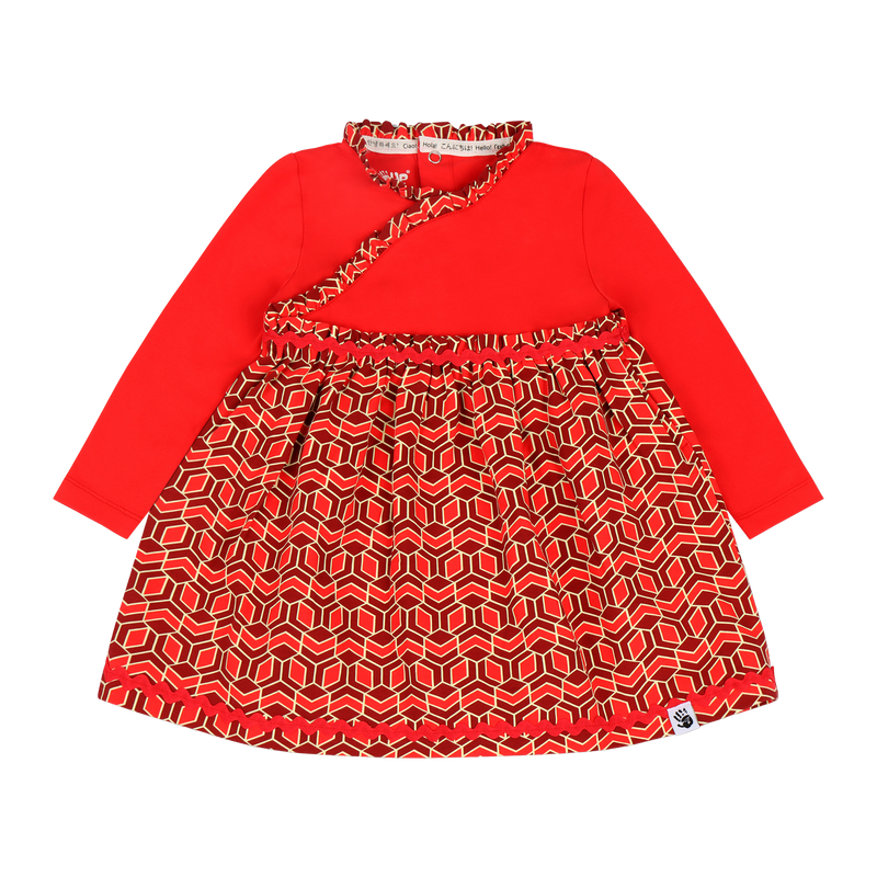 Infant Long Sleeve Ruffle Trim Dress and Bloomer Set - Red Multicolor