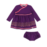 Infant Long Sleeve Ruffle Trim Dress and Bloomer Set - Purple Multicolor