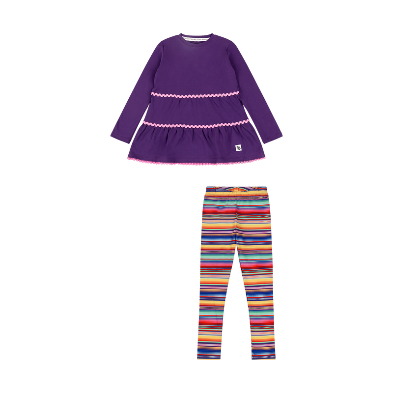 Girls Ruffle Hem Tiered Tunic and Legging Set - Purple Multicolor Stripe