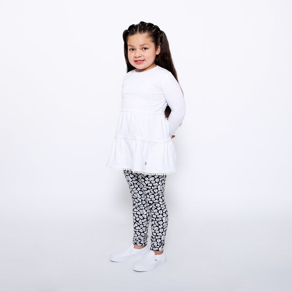 Girls Ruffle Hem Tiered Tunic and Legging Set - White/Black/Hello