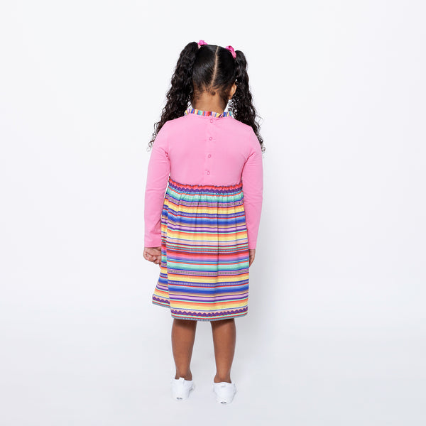 Girls Long Sleeve Ruffle Trim Dress - Pink Multicolor Stripes