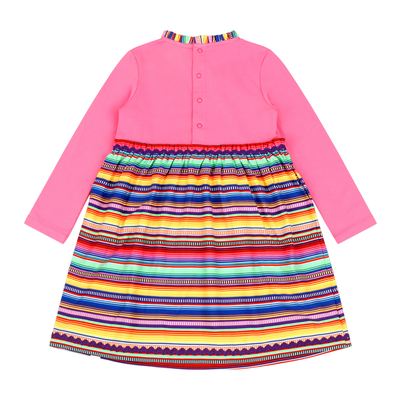 Girls Long Sleeve Ruffle Trim Dress - Pink Multicolor Stripes