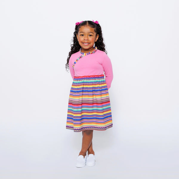 Girls Long Sleeve Ruffle Trim Dress - Pink Multicolor Stripes