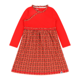 Girls Long Sleeve Ruffle Trim Dress - Red Multicolor