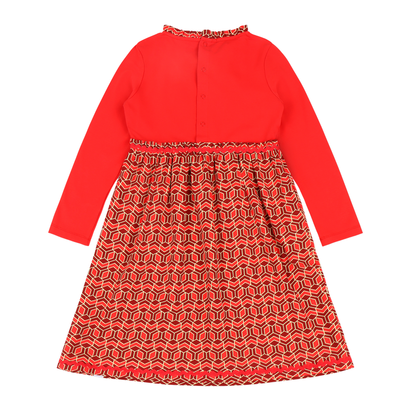 Girls Long Sleeve Ruffle Trim Dress - Red Multicolor
