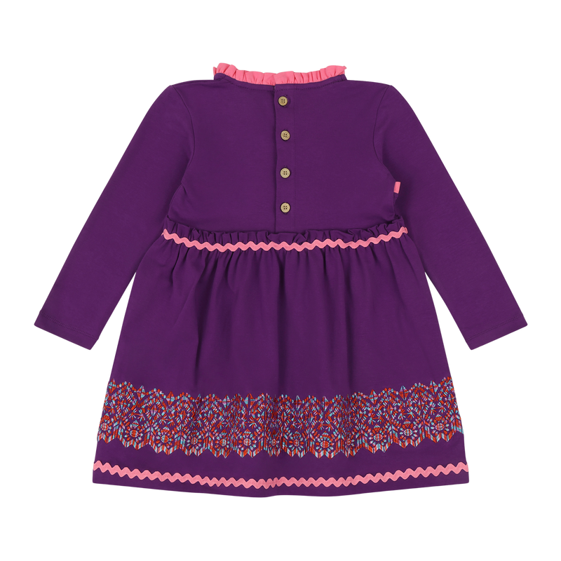 Girls Long Sleeve Ruffle Trim Dress - Purple Multicolor