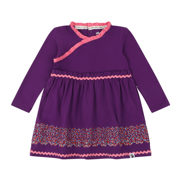 Girls Long Sleeve Ruffle Trim Dress - Purple Multicolor