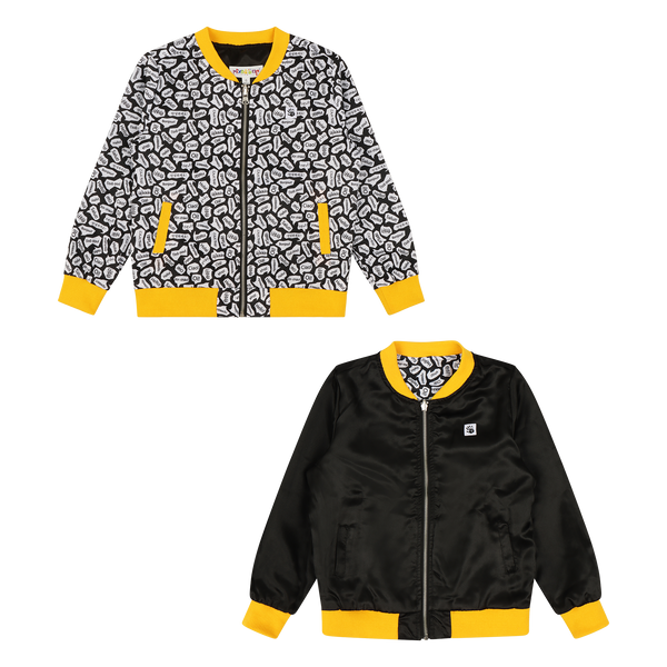 Girls Reversible Zip up Lightweight Bomber Jacket - Black/Yellow/Hello