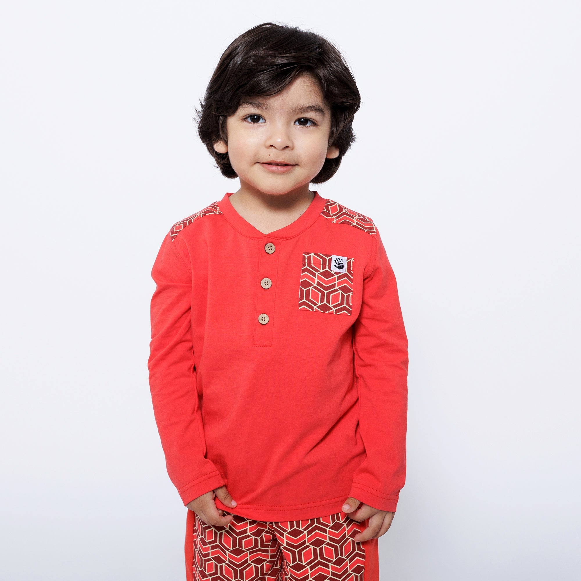 Boys Pocket Long - Sleeve Henley Shirt - Red | Multicultural Kids Clothing - Mixed Up Clothing