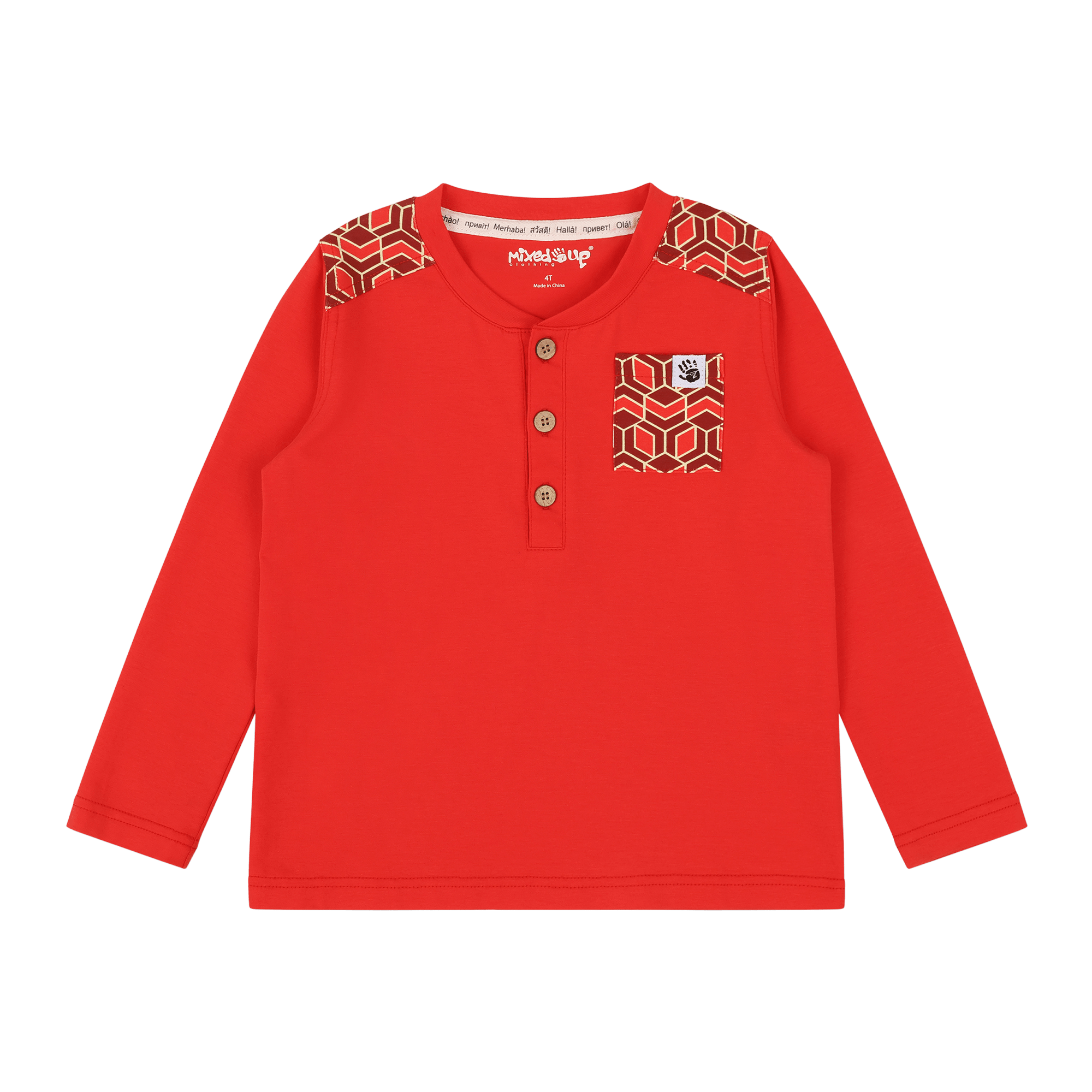 Boys Pocket Long - Sleeve Henley Shirt - Red | Multicultural Kids Clothing - Mixed Up Clothing