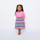 Girls Long Sleeve Ruffle Trim Dress - Pink Multicolor Stripes | Multicultural Kids Clothing - Mixed Up Clothing
