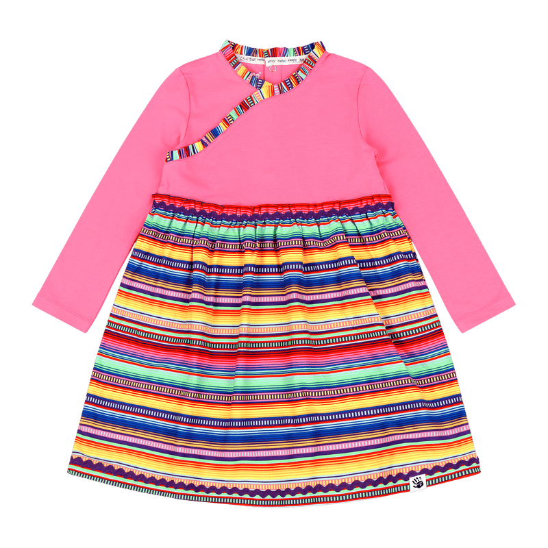 Girls Long Sleeve Ruffle Trim Dress - Pink Multicolor Stripes | Multicultural Kids Clothing - Mixed Up Clothing