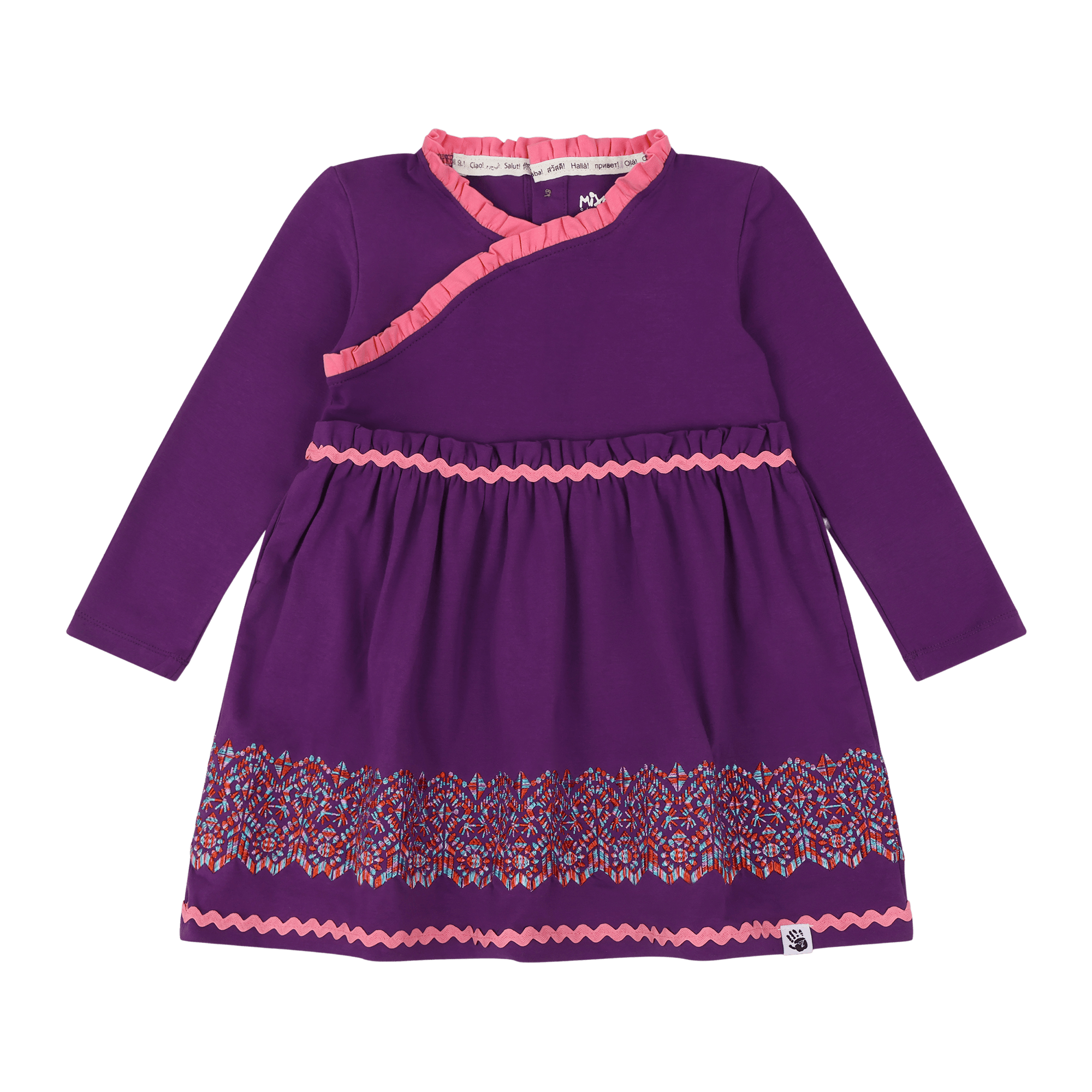 Girls Long Sleeve Ruffle Trim Dress - Purple Multicolor | Multicultural Kids Clothing - Mixed Up Clothing