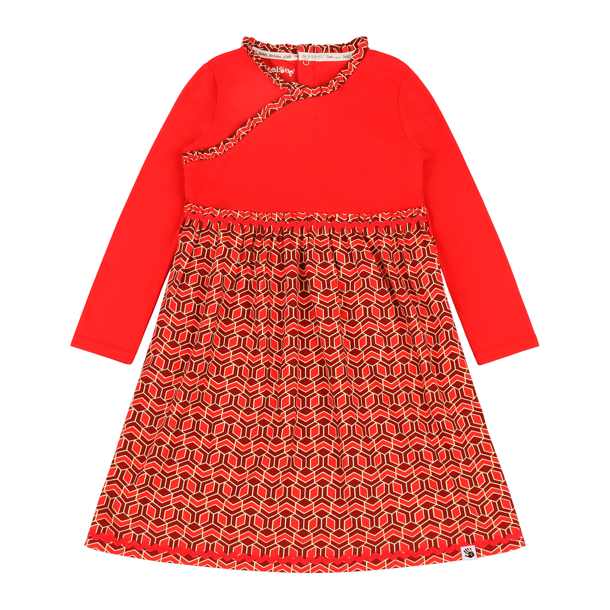 Girls Long Sleeve Ruffle Trim Dress - Red Multicolor | Multicultural Kids Clothing - Mixed Up Clothing