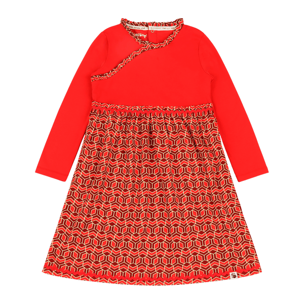Girls Long Sleeve Ruffle Trim Dress - Red Multicolor | Multicultural Kids Clothing - Mixed Up Clothing