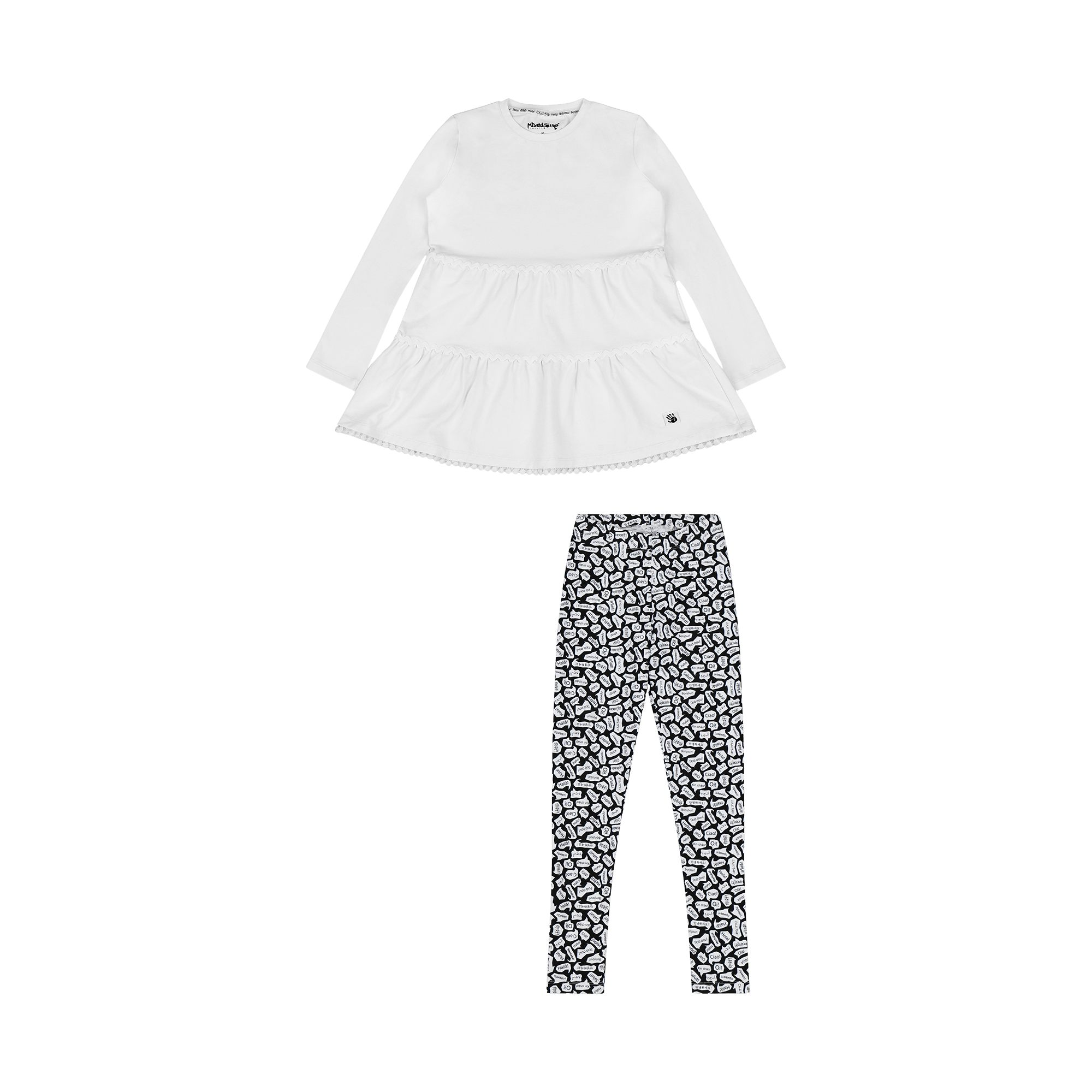 Girls Ruffle Hem Tiered Tunic and Legging Set - White/Black/Hello | Multicultural Kids Clothing - Mixed Up Clothing