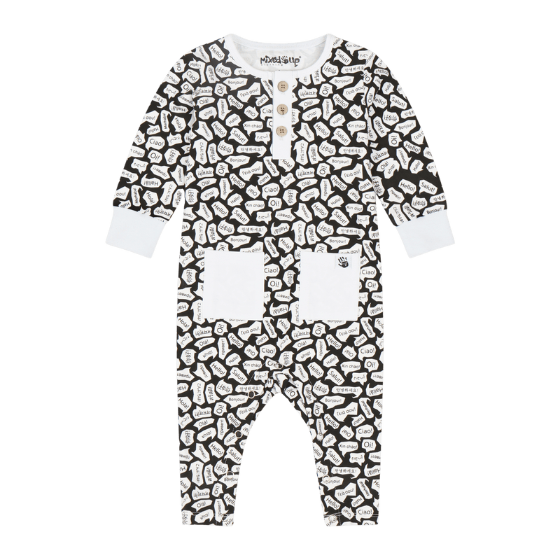 Infant Jumpsuit Romper - Black/White/Hello | Multicultural Kids Clothing - Mixed Up Clothing
