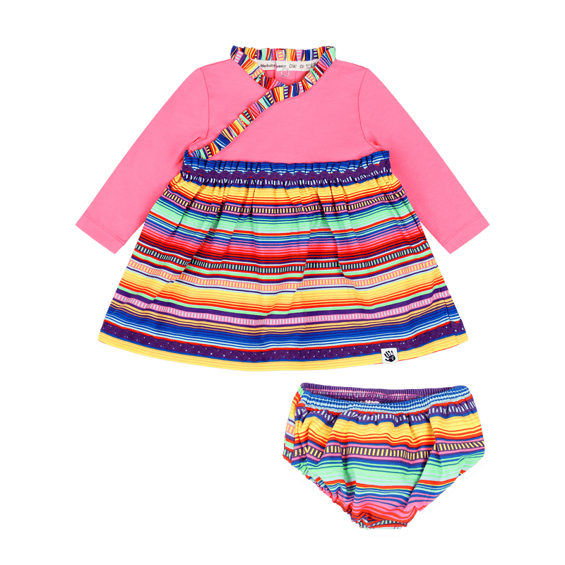Infant Long Sleeve Ruffle Trim Dress and Bloomer Set - Pink Multicolor Stripe | Multicultural Kids Clothing - Mixed Up Clothing